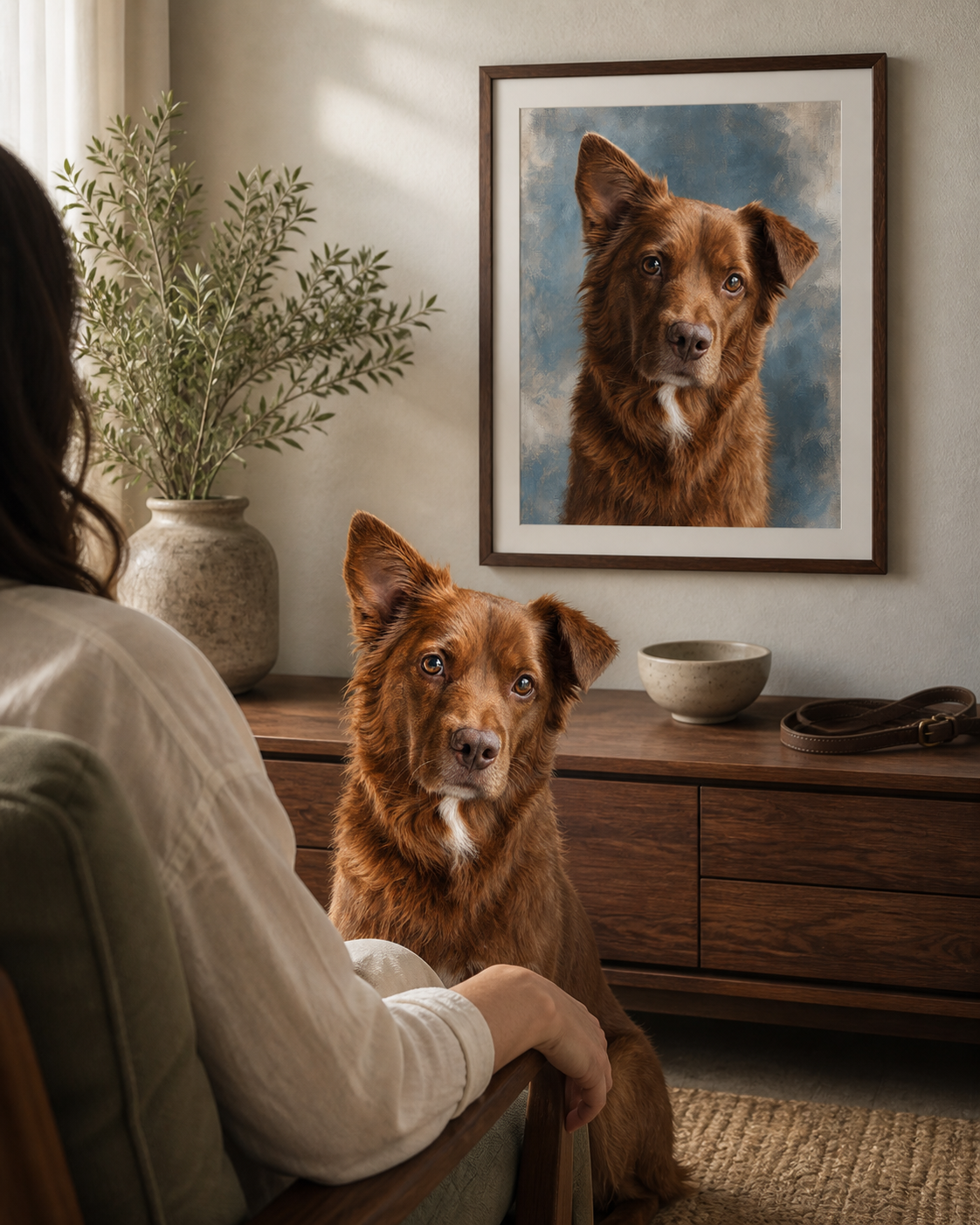 Pet owner and dog beside a personalized Pet Story portrait displayed at home