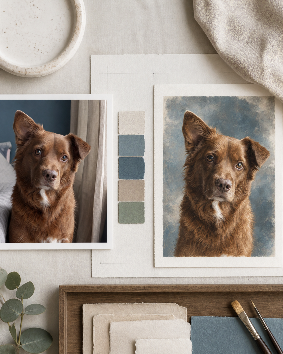 Original pet photo shown beside a personalized Pet Story portrait preview