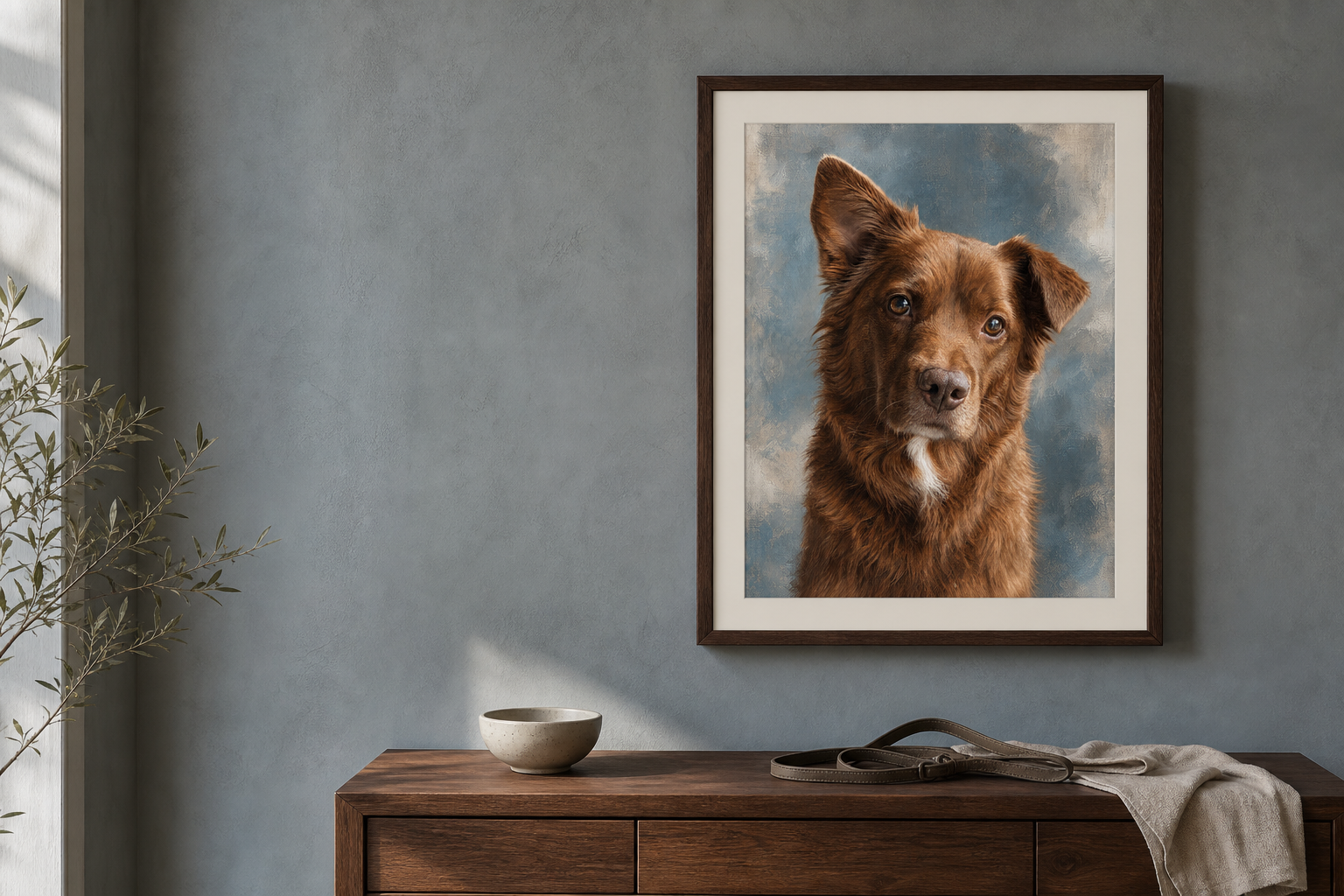 Personalized pet portrait displayed at home
